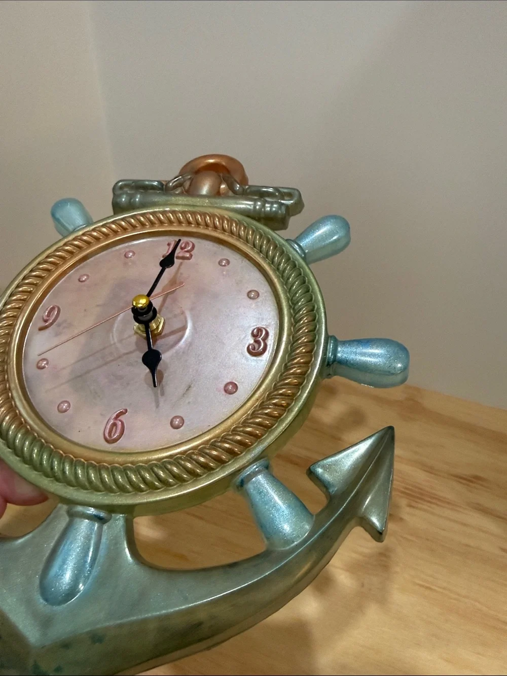 Nautical Anchor Ship Wheel Wall Clock — Bronze and Blue Coastal Accent